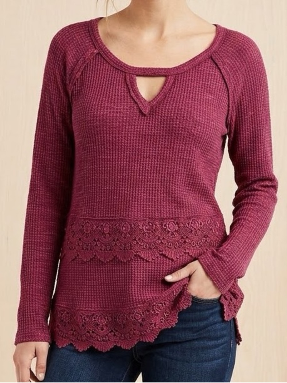 Maurices Women’s Lace-Hem Long Sleeve Top - Berry 3 (22/24)